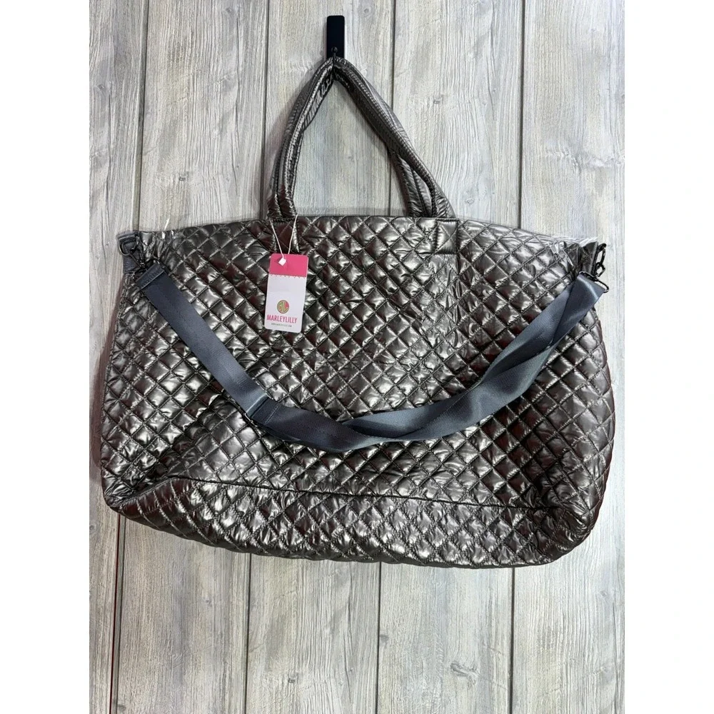 Marleylilly Quilted Weekender Bag Metallic Gunmetal Gray Puffer Travel Tote NWT